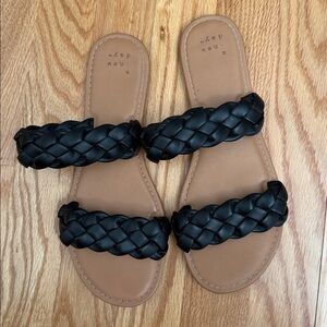 A NEW DAY Black & Tan Double Strap Braided Slip On Sandals Size 6.5